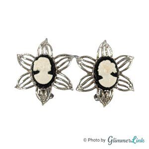 Vintage Black & White Costume Cameo Floral Openwork Silver Tone Clip On Earrings